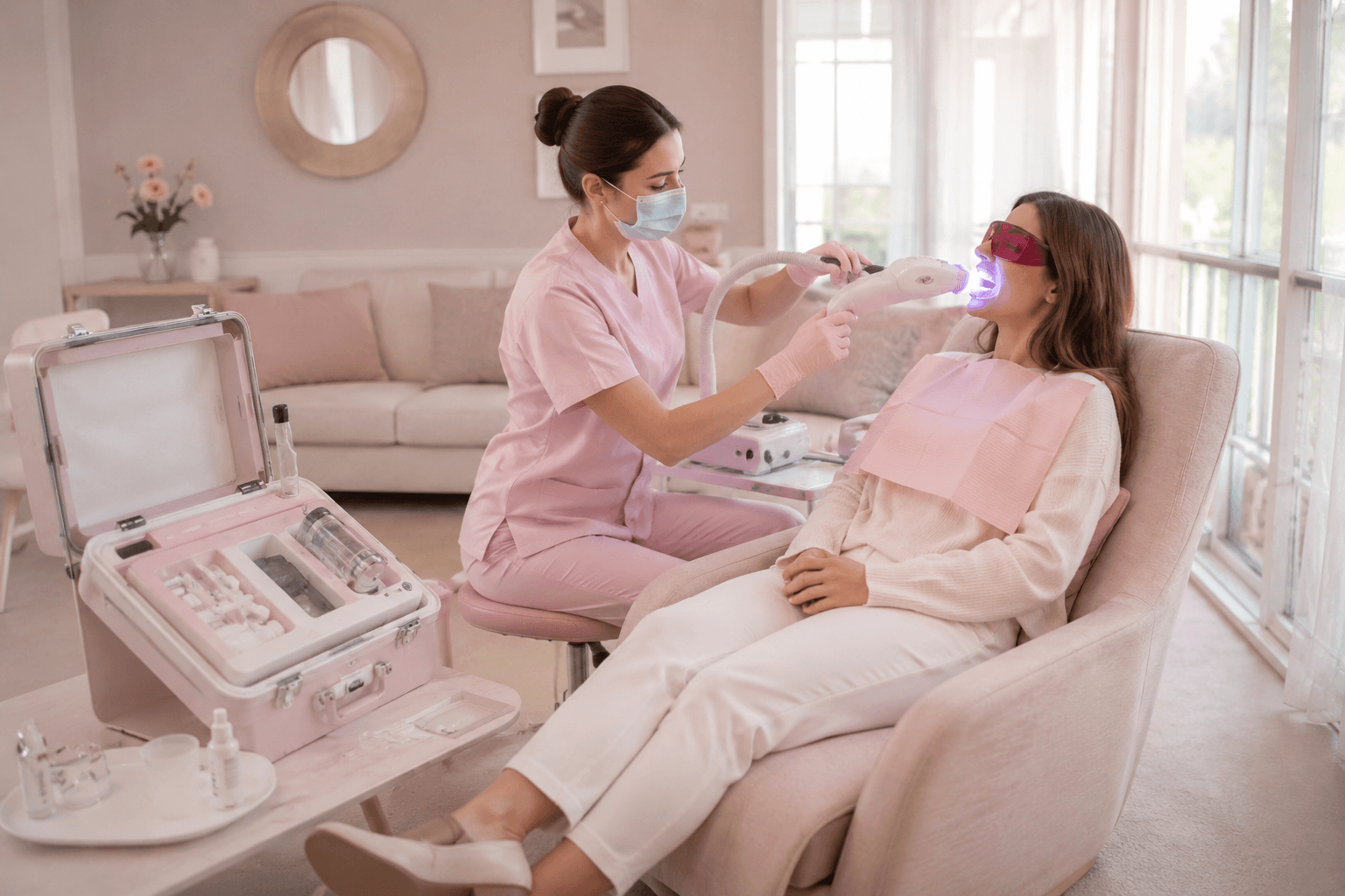 A whitening specialist setting up professional equipment in a domestic living room